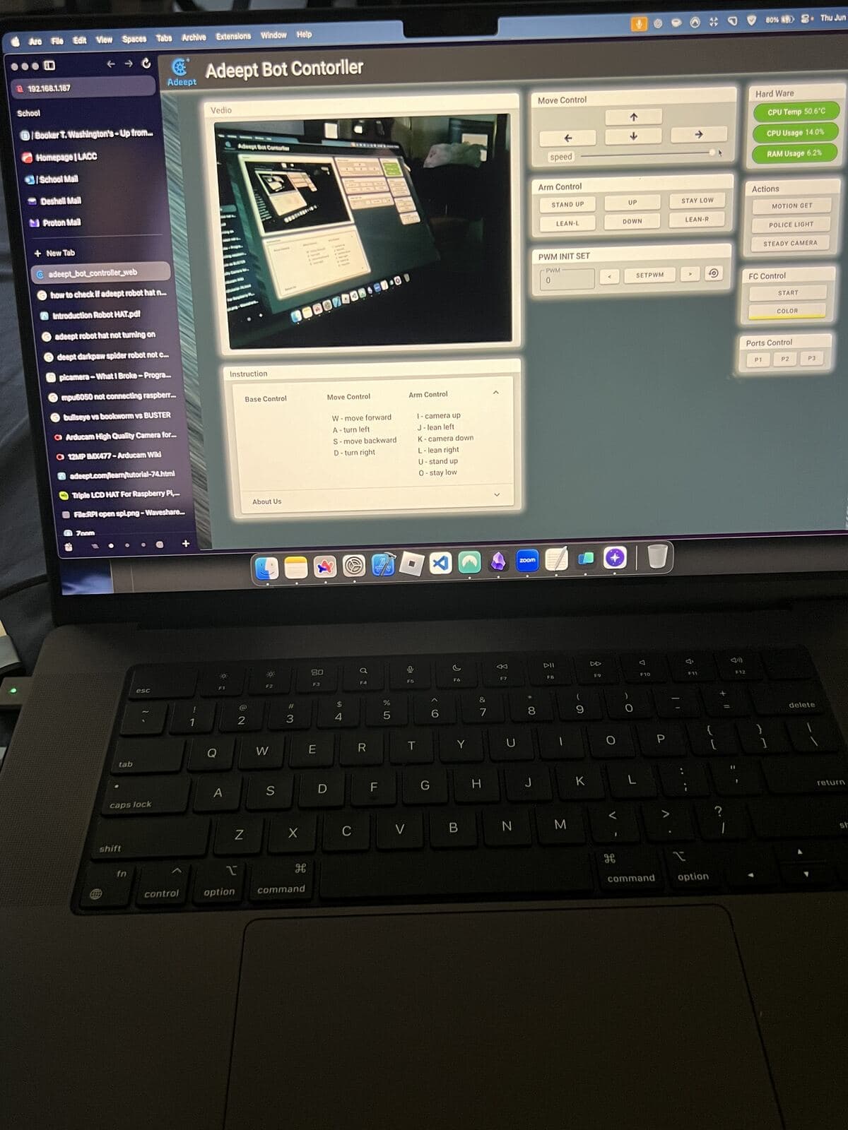 Laptop running the Adeept robot controller dashboard